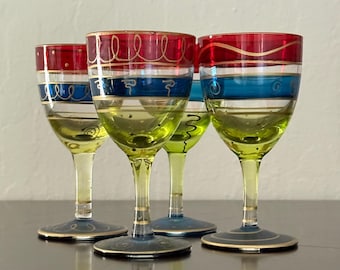 Vintage Pier One Harlequin Glasses - Hand-Painted Romanian Glassware Set