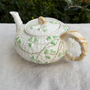 Vintage Belleek style Shamrock Tea Pot with Twig handle, made in Ireland, as is