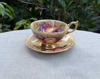 Vintage Aynsley Fine Bone China Teacup and Saucer Duo - Orchard Gold Pattern