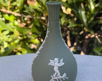 Wedgwood Jasperware White on sage green round bud vase in neoclassical design