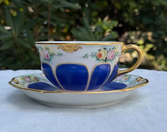 French Antique Hand Painted floral Tea Cup and Saucer, cobalt blue and heavy gild
