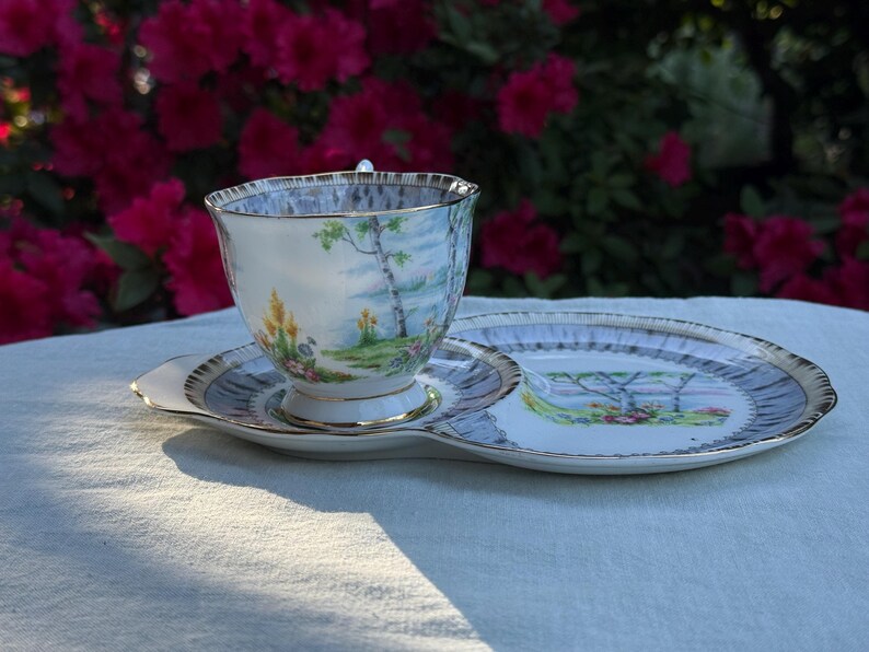 May include: A vintage teacup and saucer set featuring a landscape scene. The white porcelain cup and saucer have a gold trim. The saucer has a unique shape with a section for a biscuit or small treat.