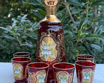 Antique Venetian Art Murano Italy Hand Painted Glass Decanter Set