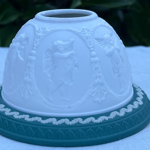 Wedgwood Jasperware Spruce Green & White Lithophane Cherubs votive tea light candle holder