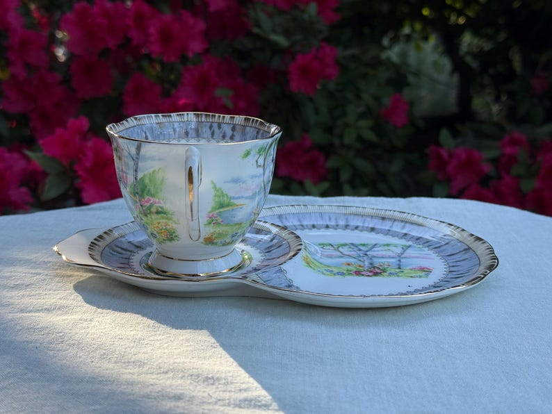 May include: A vintage teacup and saucer set with a landscape design. The cup and saucer have a white base with a gold trim and a light blue border. The landscape features trees, flowers, and a body of water. The set is placed on a white surface.