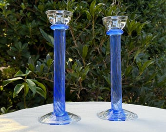 Vintage Kosta Boda Filippa Candle Holders: Blue Pinstripe Design, Kjell Engman (Set of 2)