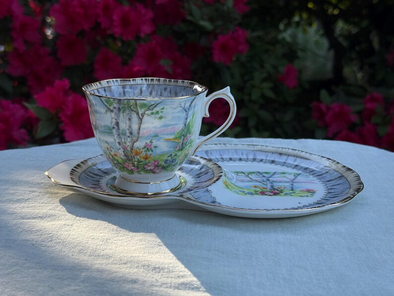 May include: A vintage teacup and saucer set with a landscape design featuring trees, flowers, and a body of water. The set has a gold trim and a matching plate. The background is blurred with pink flowers.