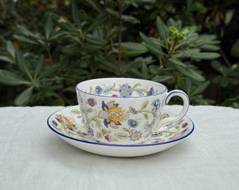 Vintage Minton Haddon Hall Blue Floral Bone China Cup and Saucer