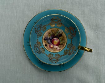 Vintage Aynsley orchard and fruits Tea Cup and Saucer Set, Turquoise and gold, Fine Bone China