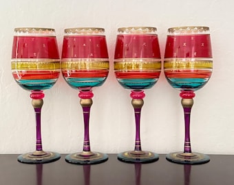 Vintage Pier 1 Hand-Painted Goblets - Set of 4 Multicolor Wine Glasses with Gold Trim