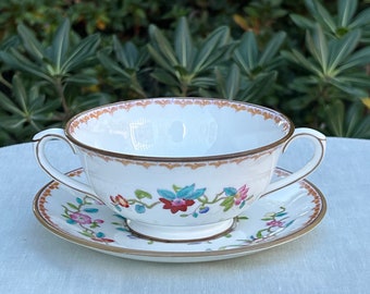 Handgemaltes Vintage Coalport Suppentasse- und Untertassenset mit 2 Henkeln
