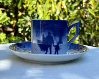 Royal Copenhagen Christmas Teacup & Saucer Set: 1980 Blue Porcelain
