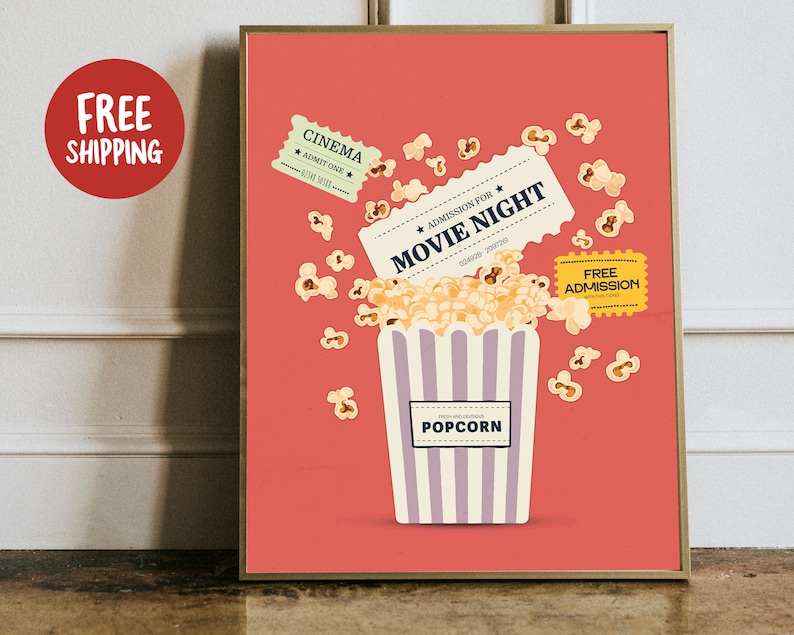 K&ouml;nnte beinhalten: Ein roter Hintergrund mit einer Vintage-Illustration eines Popcorn-Eimers, aus dem Popcorn herausf&auml;llt. Der Popcorn-Eimer hat ein gestreiftes Muster und steht "POPCORN". Es befinden sich drei Tickets auf dem Bild, eines sagt "CINEMA", eines sagt "ADMISSION FOR MOVIE NIGHT" und eines sagt "FREE ADMISSION".