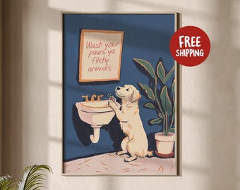 Wash Your Paws Dog Print - Funny Bathroom Wall Art, Humorous Pet Decor Gift for Dog Lovers, Cute Toilet Art, Washroom Print