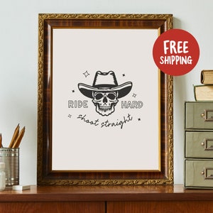 Vintage Cowboy Print - Schädel Linie Kunst-Poster, Barwagen, Retro Country Western Wandkunst, Zitat Druck, traditionelles Tattoo-Dekor