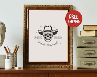 Vintage Cowboy Print - Skull Line Art Poster, Bar Cart, Retro Country Western Wall Art, Quote Print, Traditional Tattoo Decor