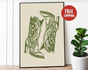 Funky Cowboy Boots Wall Art - Western Style Retro Print, Country Chic Home Decor, Funky Cowboy Print, Western Wall Decor