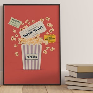 K&ouml;nnte beinhalten: Ein rotes Poster mit einem gestreiften Popcorn-Eimer, Popcorn-Kernen und Kinokarten. Die Tickets lauten "Eintritt f&uuml;r den Filmabend" und "Freier Eintritt".