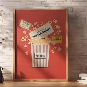 K&ouml;nnte beinhalten: Ein rotes Poster mit einem wei&szlig;en, gestreiften Popcorn-Eimer und verstreuten Popcorn-Kernen. Das Poster zeigt auch Tickets mit dem Text "Kino", "Eintritt f&uuml;r den Filmabend" und "Freier Eintritt".