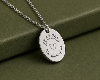 Personalised Necklace for Girlfriend, Custom Engraved Text Pendant, Date We Met Necklace, The Start of Us Gift for Wife