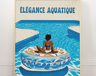 Vintage Pool Print, Holiday Picture, French Chic Picture, Retro French Quote Poster, Summer Pool Wall art, French Quote Digital Download