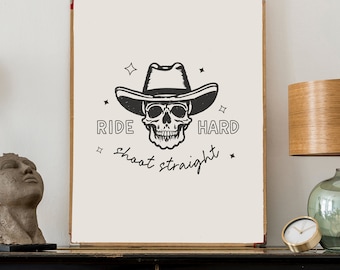 Vintage Cowboy Print, Cowboy Skull Picture, Country Poster, Traditional Tattoo Line Art, Cowboy Wall Art, Retro Skull artwork, Quote Print