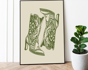 Cowboy Boots Print, Cowgirl Print, Cowboy Boot Art Picture, Retro Chic Print, Country Poster, Decor, Minimalistic Southern  Wall Art