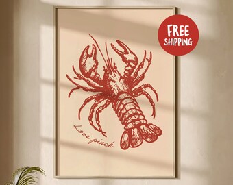 May include: A red illustration of a lobster with the text "Love Pinch" on a beige background.