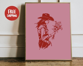 Westernmuurkunst cowgirl: vintage print, roze landelijk decor, cowboykunst voor een rustieke woning en boerderijstijl