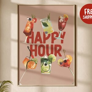 Happy Hour Print - Trendy Cocktail Wall Art, Party Poster, Bar Quote Decor, Retro Drinks Sign, Home Bar Trendy Decor