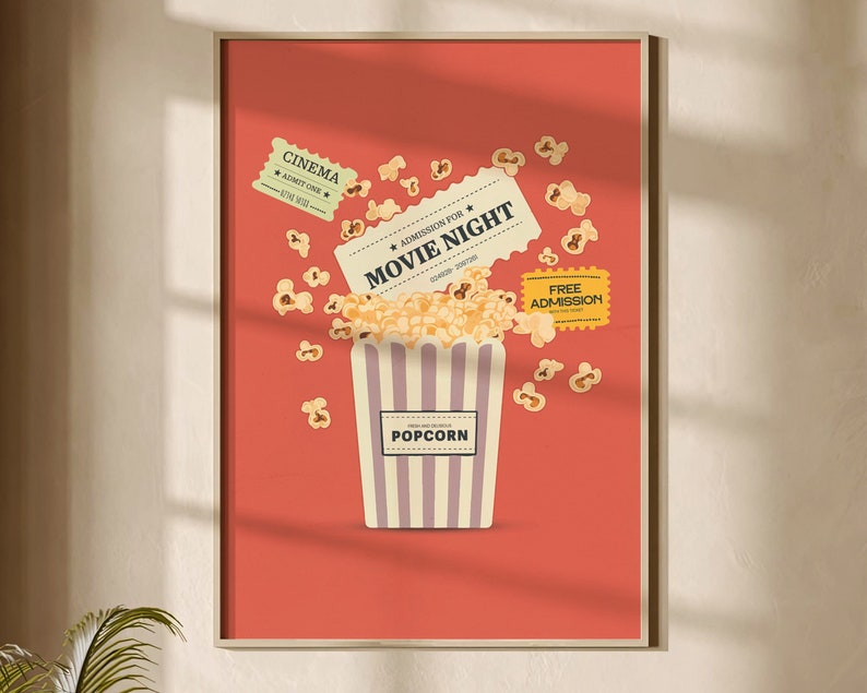 K&ouml;nnte beinhalten: Ein rotes Poster mit einem Popcorn-Eimer und Kinokarten. Die Karten zeigen "Eintritt f&uuml;r Kinoabend" und "Freier Eintritt". Der Popcorn-Eimer ist wei&szlig; mit lila Streifen und tr&auml;gt die Aufschrift "Popcorn".