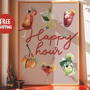 Happy Hour Print - Retro Cocktail Wall Art, Party Poster, Bar Quote Decor, Vintage Drinks Sign, Home Bar & Kitchen Decor