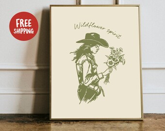 Westernmuurkunst cowgirl: vintage print, landelijk decor, cowboykunst voor rustieke huis- en boerderijstijl