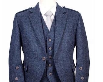 Mens Scottish Blue Tweed Argyle kilt Jacket With Vest | Highland Wedding Argyll Kilts Jackets For Men