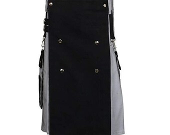 May include: A black and grey kilt with silver hardware. The kilt has a large black panel in the centre, with silver rivets and straps. The sides are grey, and there are pockets and straps.