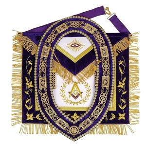 Masonic Regalia Grand Lodge Mater Mason Apron, Chain Collar Golden Purple Backing - Gift For Him