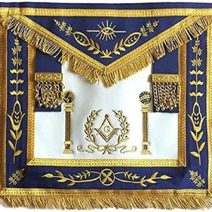 Navy Blue Apron Master Mason Square G & Pillars Freemasons Gold Fringe (Lambskin)