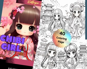 Op de afbeelding: Een kleurboekomslag met een schattig chibi-meisje in een roze en witte kimono met kersenbloesems. De titel van het boek is "CHIBI GIRL" en de ondertitel is "KAT COLORING BOOK". De omslag bevat ook een zwart-witte illustratie van een Japanse tempel en een meisje in een kimono.