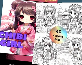 Op de afbeelding: Een kleurboek met de titel "CHIBI GIRL" en de tekst "KAT COLORING BOOK" onderaan. De omslag toont een kleurrijke illustratie van een meisje met grote ogen en lang haar, dat een roze kimono draagt. Het boek bevat 40 kleurplaten.