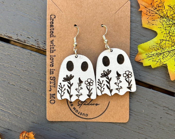 Handcrafted Halloween Earrings | Laser Cut Wood Dangle Earrings | Ghost Spooky Fall Jewelry by 719 Studios