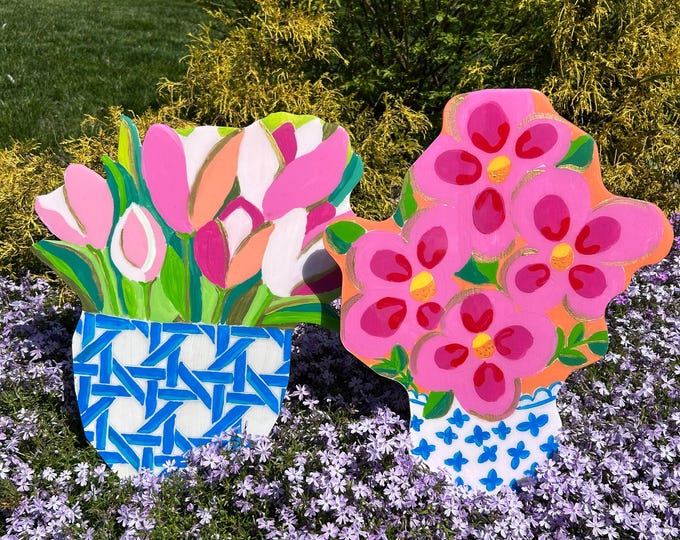 Door Decor, Door Hanger, Porch Decor, Painted Flowers, Painted Cacti, Painted Plants, Wreath