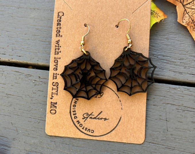 Black Acrylic Spider Web Earrings | Halloween Earrings | Lightweight Laser Cut Dangle Jewelry by 719 Studios