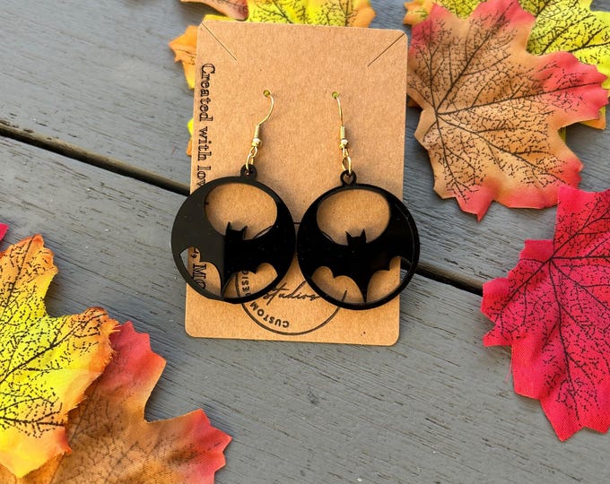 Black Acrylic Bat Earrings | Halloween Earrings | Lightweight Laser Cut Dangle Jewelry by 719 Studios