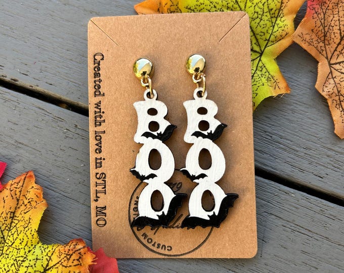 Boo Earrings | Handmade Halloween Earrings | Laser Cut Wood Dangle Earrings | Spooky Fall Jewelry by 719 Studios