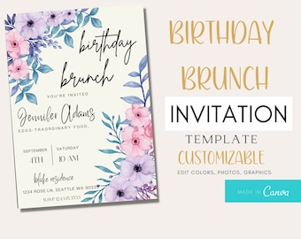 Floral Birthday Brunch Invitation, birthday party invitation, editable invitation template, birthday party invite, Brunch birthday