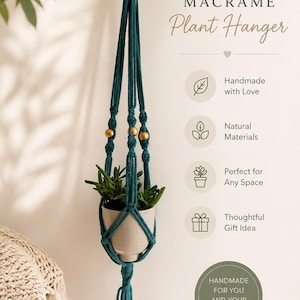 May include: A dark teal macramé plant hanger featuring a wooden ring at the top, knotted cord patterns, and three light-coloured wooden beads. It holds a small beige pot with a green succulent. Text includes MACRAMÉ Plant Hanger and HANDMADE FOR YOU AND YOUR HOME.