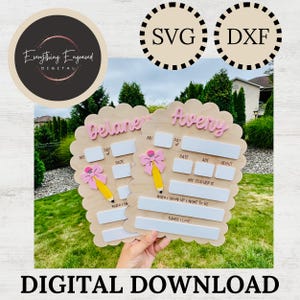 May include: Two wooden, scalloped-edge boards with the names "Delaney" and "Avery" in pink script. Each board has spaces for "Day of," "Date," "Age," and "Weight," plus a pencil with a pink bow. The words "Digital Download" are at the bottom.