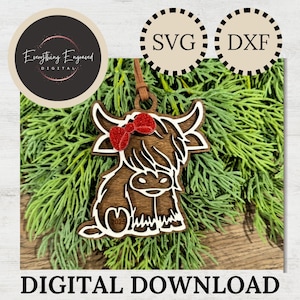 Highland Cow with Bow Christmas Ornament SVG DXF, Digital Download,  Holiday Gift for Cow lover, Rustic Farmhouse Ornament