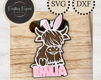 Highland Cow Bunny Gift Tag SVG | Kids Easter Basket Name Tag (Digital Download)