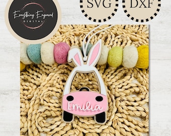 Etiqueta con nombre para coche de niños con orejas de conejo SVG DXF / Descarga digital / Regalo para niños / Etiqueta con foto para cesta de Pascua / Etiqueta con foto para regalo